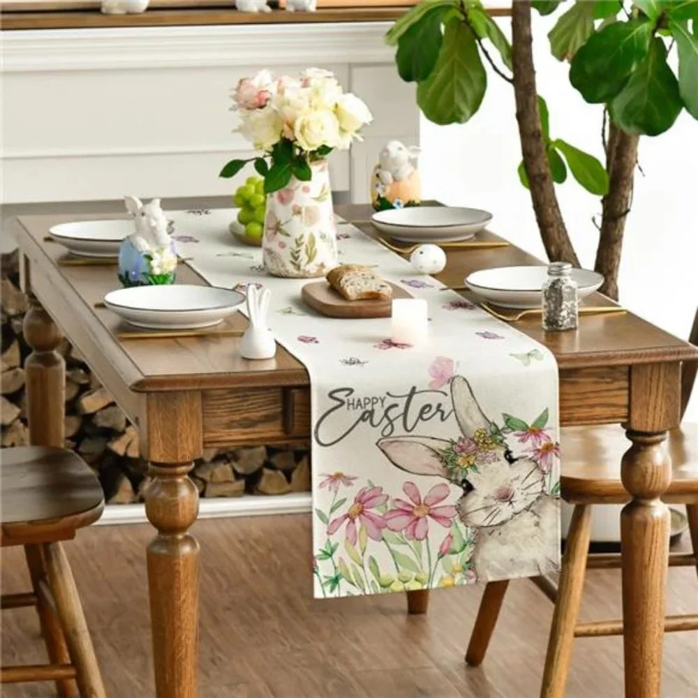 Easter Table Runner Floral Spring Cottage Farmhouse Decor Bunny Decorative Cloth